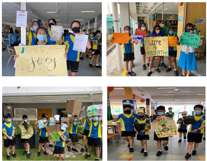 A montage of 4 pictures that shows students with posters to garner votes